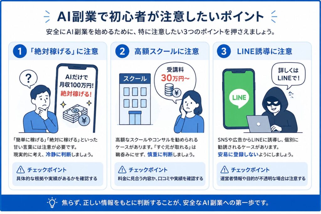 AI副業で初心者が注意したいポイントを解説した図解