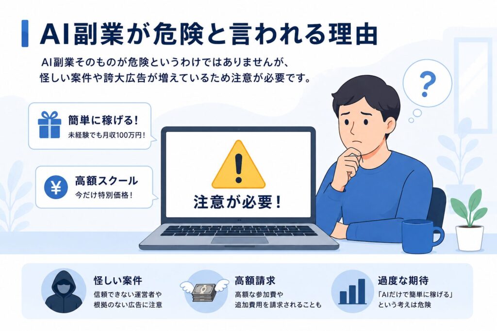 AI副業が危険と言われる理由を解説したイラスト