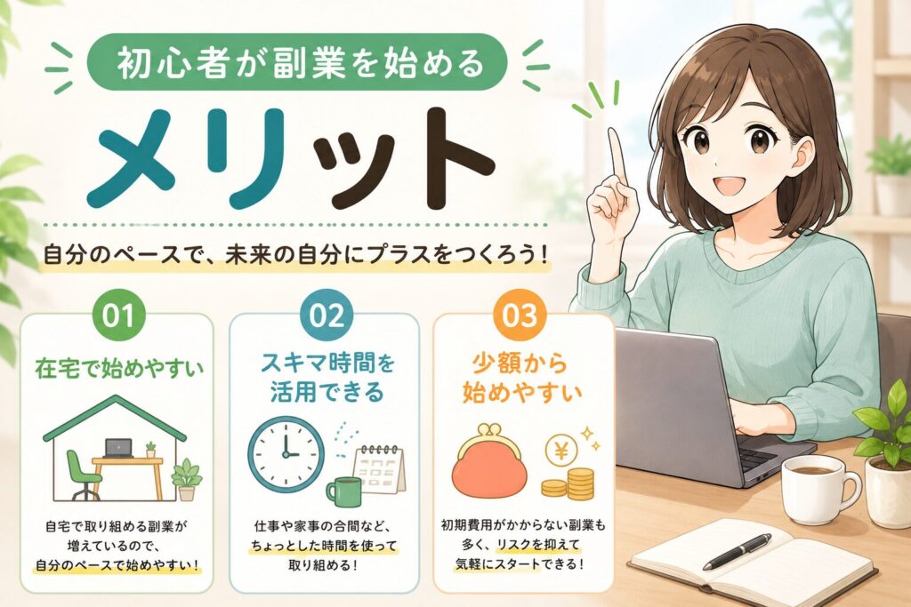 初心者が副業を始めるメリットや在宅で始めやすい理由をわかりやすく紹介した図解画像