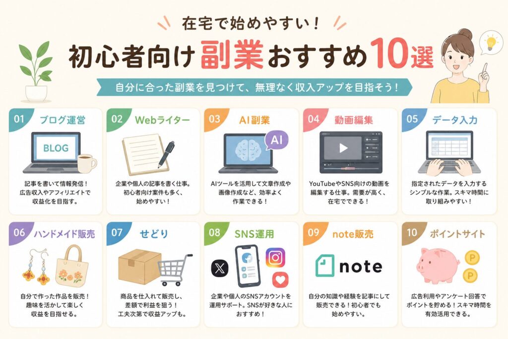 初心者向けに在宅で始めやすいおすすめ副業10選をわかりやすく紹介した図解画像