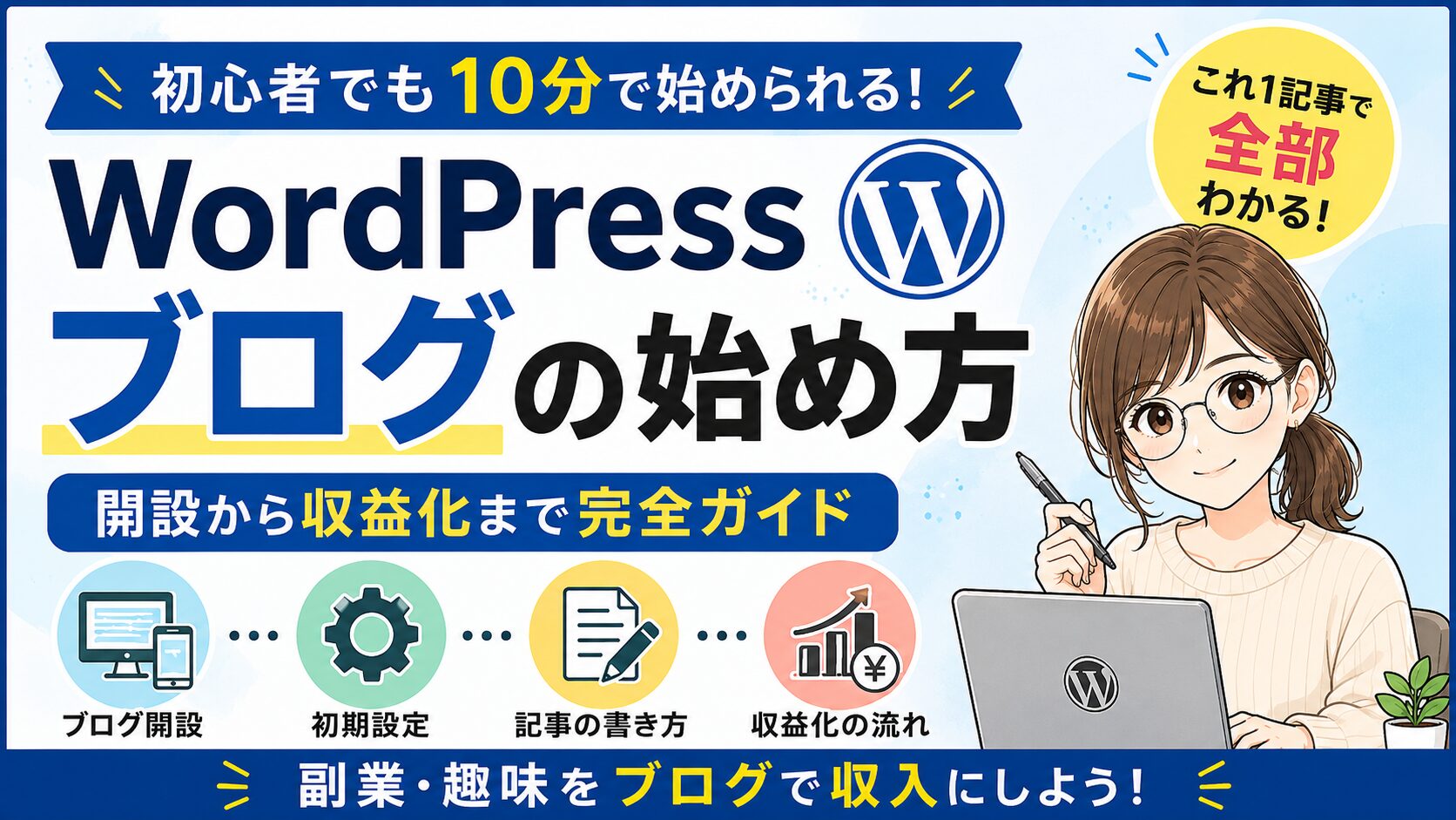 WordPressブログの始め方や初期設定、記事の書き方、収益化の流れを初心者向けに解説するサムネイル画像