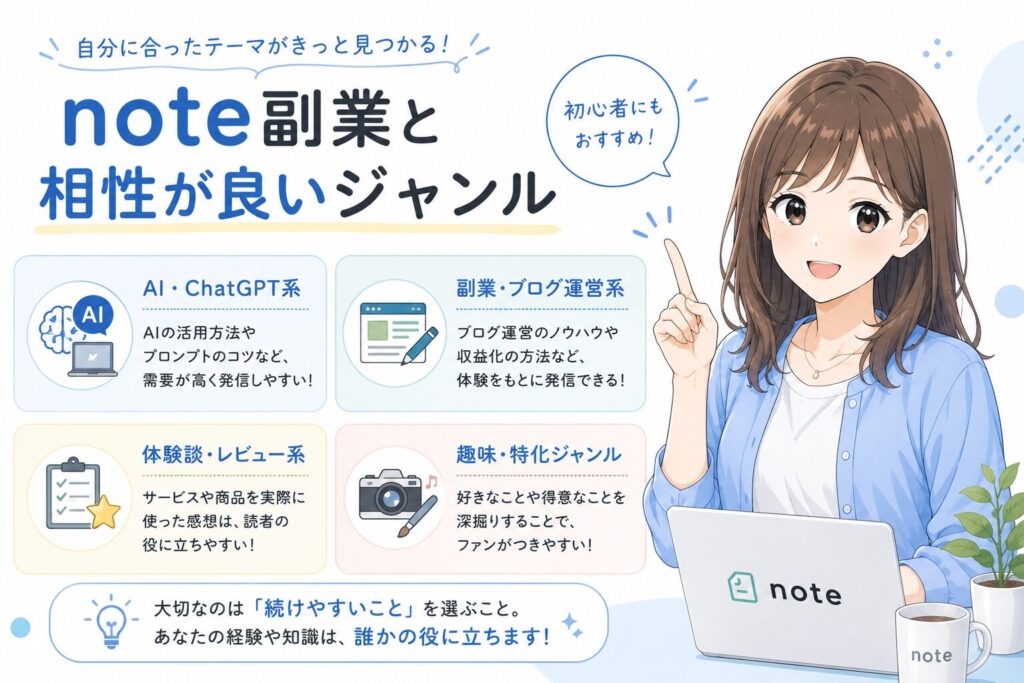 note副業と相性が良いジャンルを紹介する編集部みおのイラスト