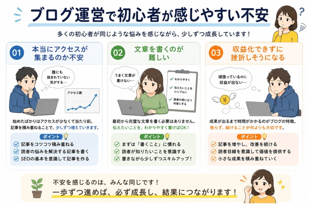 ブログ初心者が感じやすいアクセス・文章作成・収益化の不安についてわかりやすく解説した図解画像