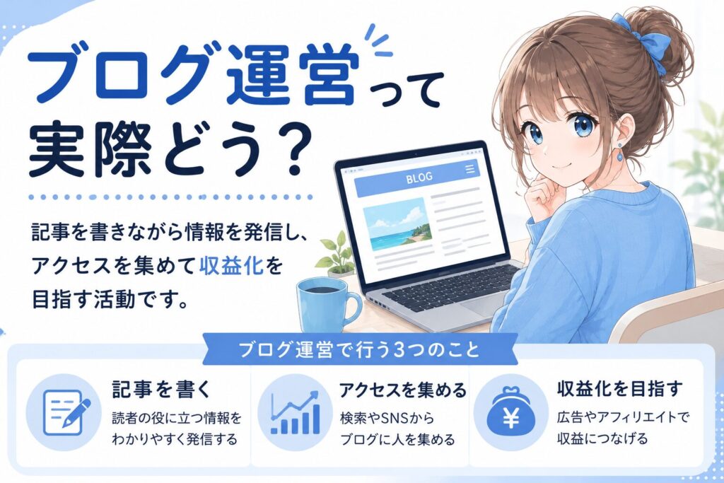 ブログ運営の始め方や収益化の流れを初心者向けにわかりやすく紹介するアイキャッチ画像
