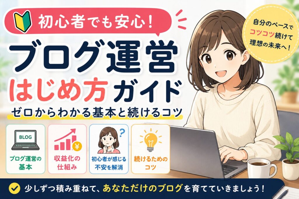 初心者向けにブログ運営の始め方や収益化の仕組み、続けるコツをわかりやすく紹介するサムネイル画像