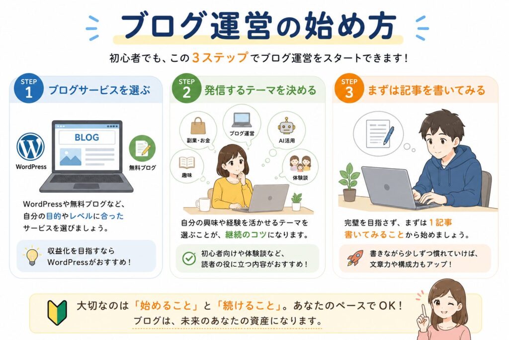 初心者向けにブログ運営の始め方や基本ステップをわかりやすく紹介する図解画像