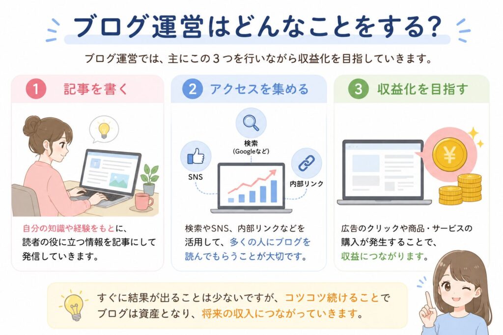 ブログ運営で行う記事作成・アクセス集客・収益化の流れを初心者向けに解説した図解画像