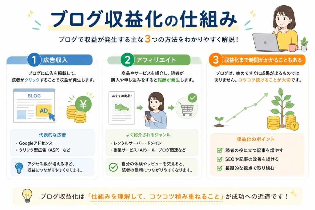 ブログの広告収入やアフィリエイトなど収益化の仕組みを初心者向けに解説した図解画像