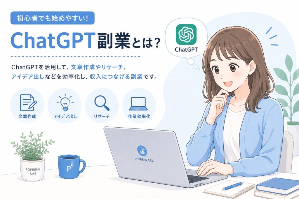 ChatGPT副業について解説する編集部みおのイラスト