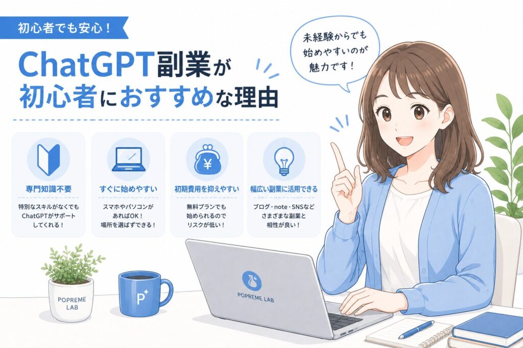 ChatGPT副業が初心者におすすめな理由を解説する編集部みおのイラスト