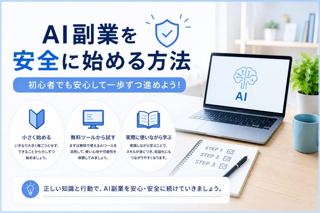 AI副業を安全に始める方法を解説した図解イラスト