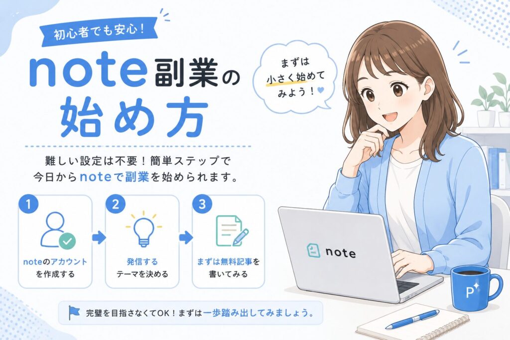 note副業の始め方を紹介する編集部みおのイラスト