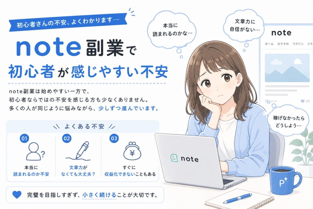 note副業で初心者が感じやすい不安を紹介する編集部みおのイラスト