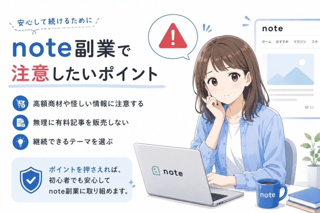 note副業で注意したいポイントを紹介する編集部みおのイラスト