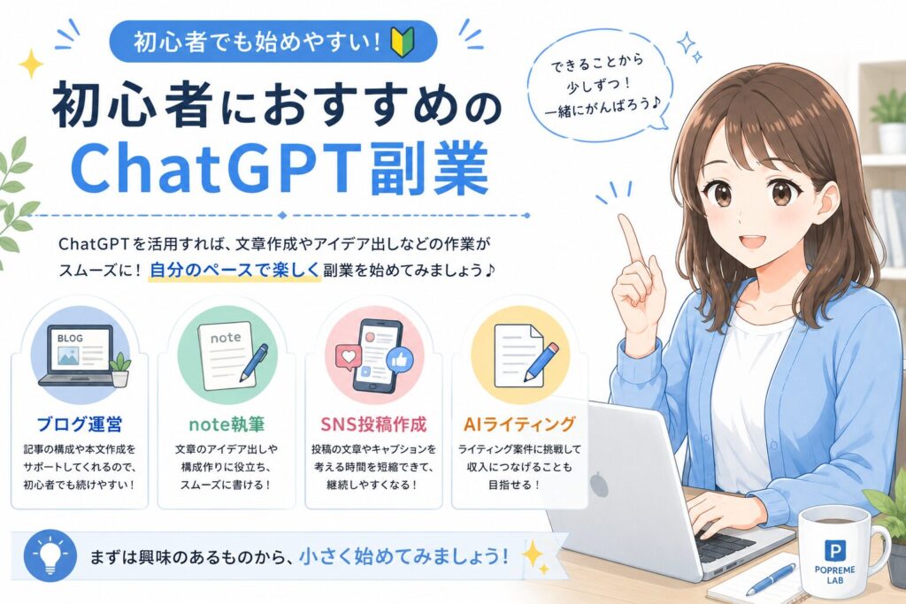 初心者におすすめのChatGPT副業を紹介する編集部みおのイラスト