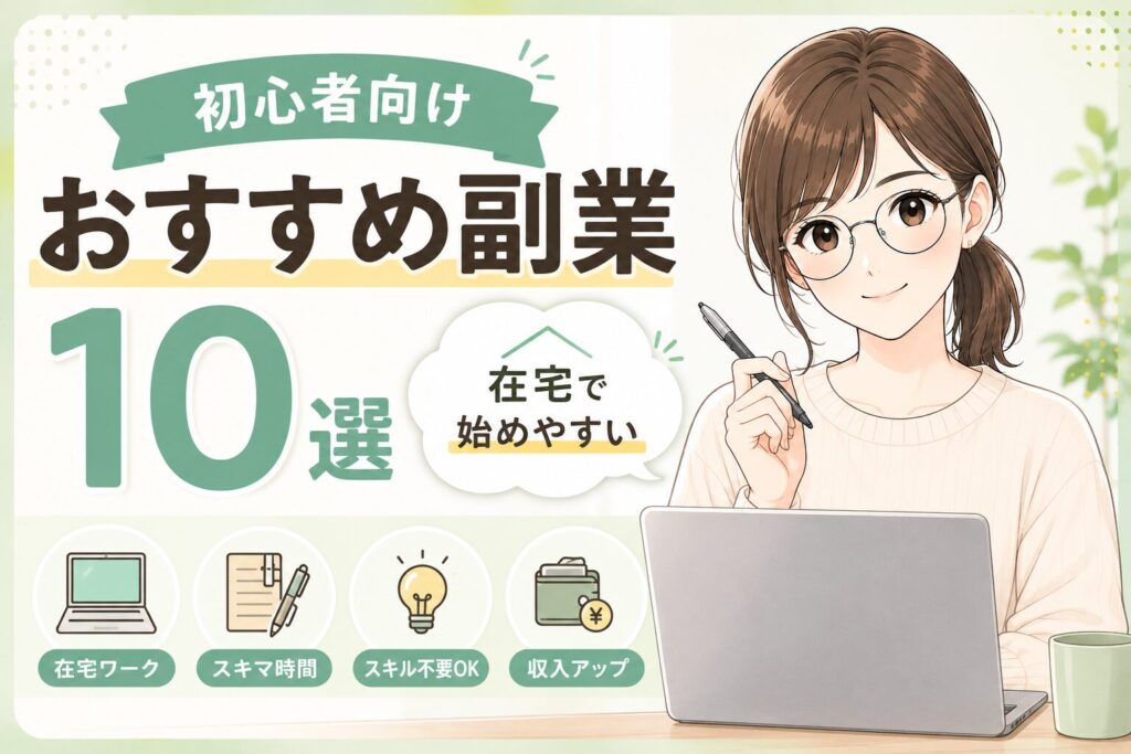 初心者向けに在宅で始めやすいおすすめ副業10選を紹介するメガネ女性のサムネイル画像
