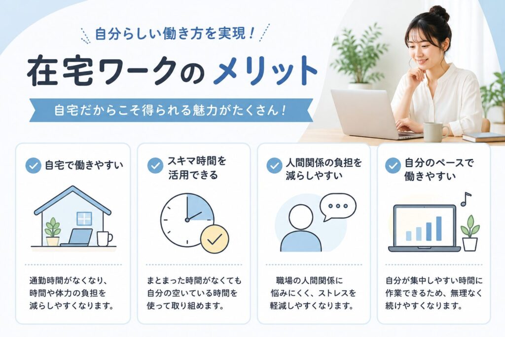 在宅ワークのメリットや自宅で働きやすい理由を初心者向けにわかりやすく紹介する画像