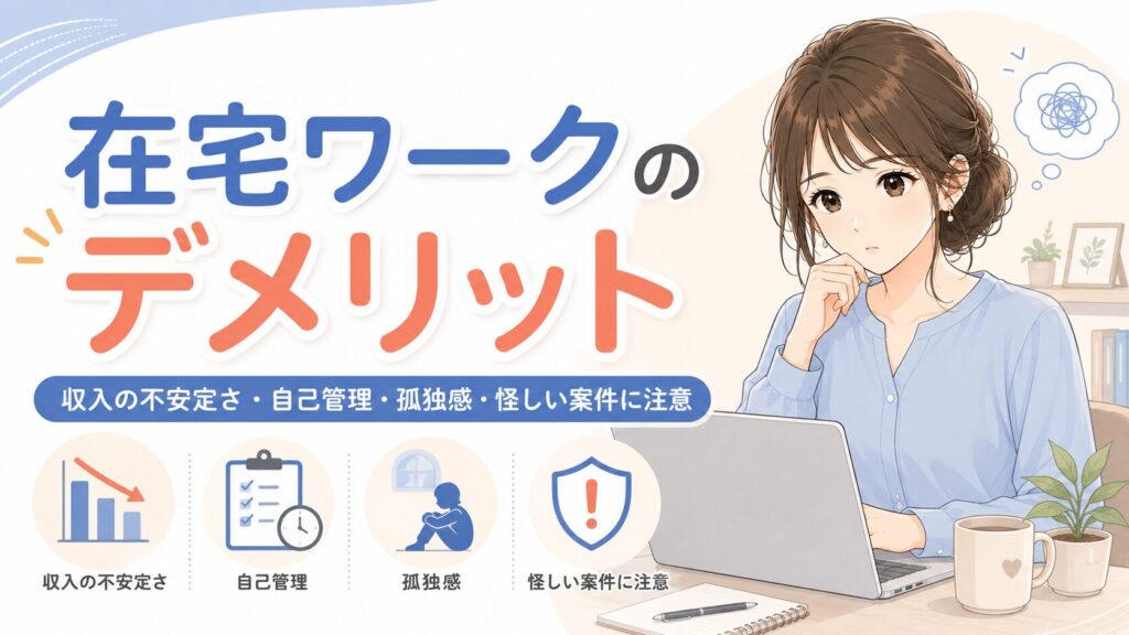 在宅ワークのデメリットや注意点を初心者向けにわかりやすく紹介する画像
