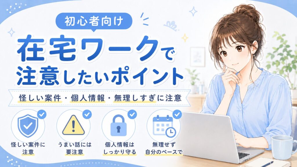 在宅ワークで初心者が注意したい怪しい案件や個人情報の扱いをわかりやすく紹介する画像
