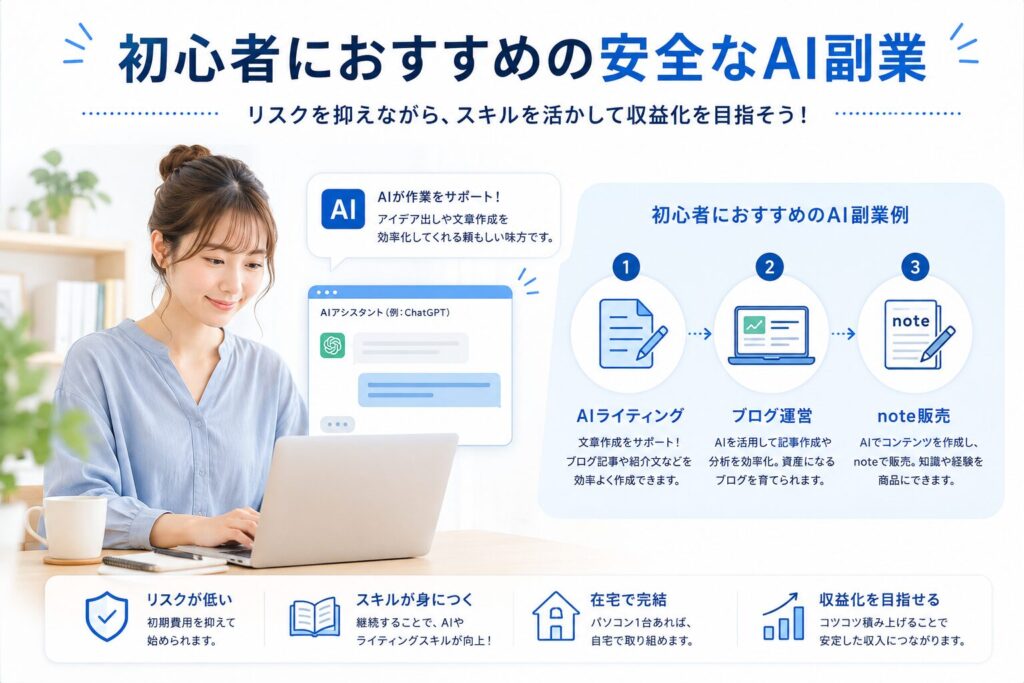初心者におすすめの安全なAI副業を紹介する図解イラスト