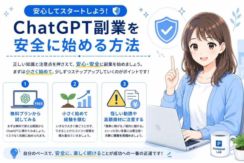 ChatGPT副業を安全に始める方法を解説する編集部みおのイラスト