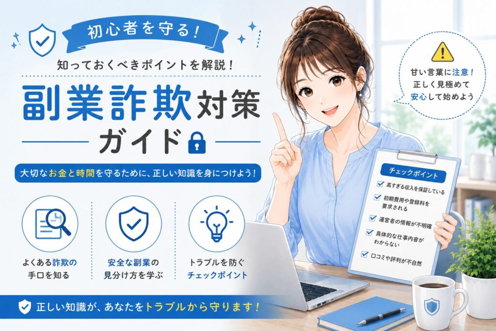 副業詐欺の手口や安全な副業の見分け方を初心者向けに解説するカテゴリー画像