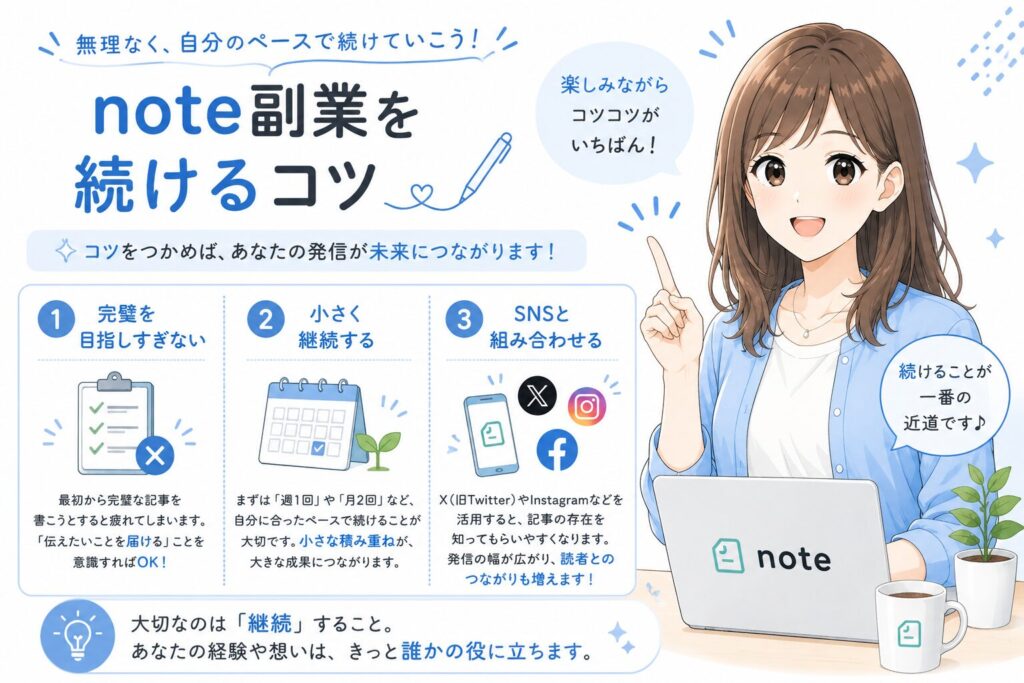 note副業を続けるコツを紹介する編集部みおのイラスト