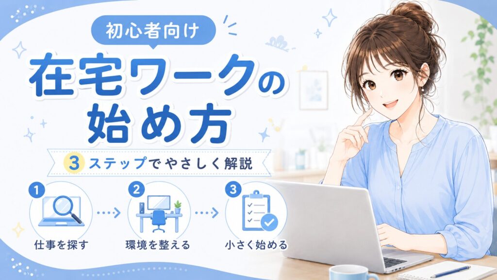 初心者向けに在宅ワークの始め方を3ステップでわかりやすく紹介する画像