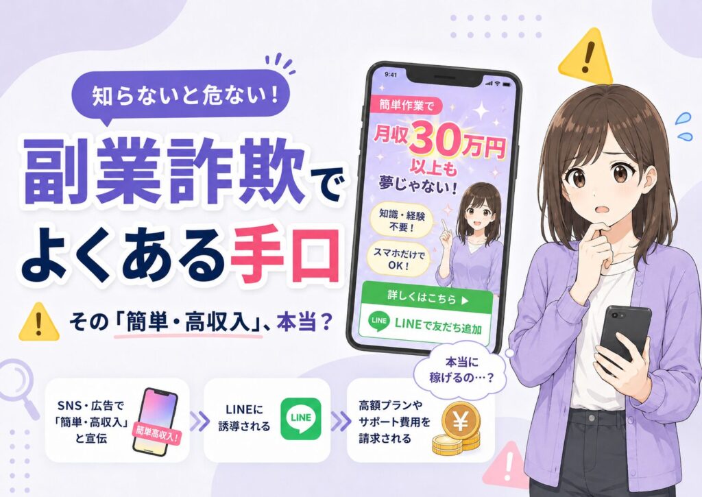 簡単高収入をうたう怪しい副業広告と不安そうに確認するみお