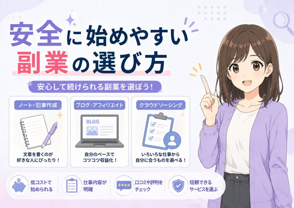 noteやブログ、クラウドソーシングを比較して安全な副業の選び方を案内するみお