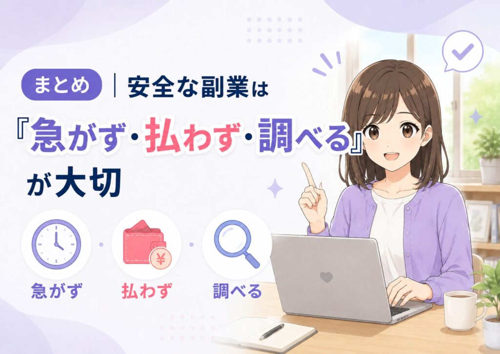 安全な副業は急がず払わず調べることが大切だと伝えるまとめ画像