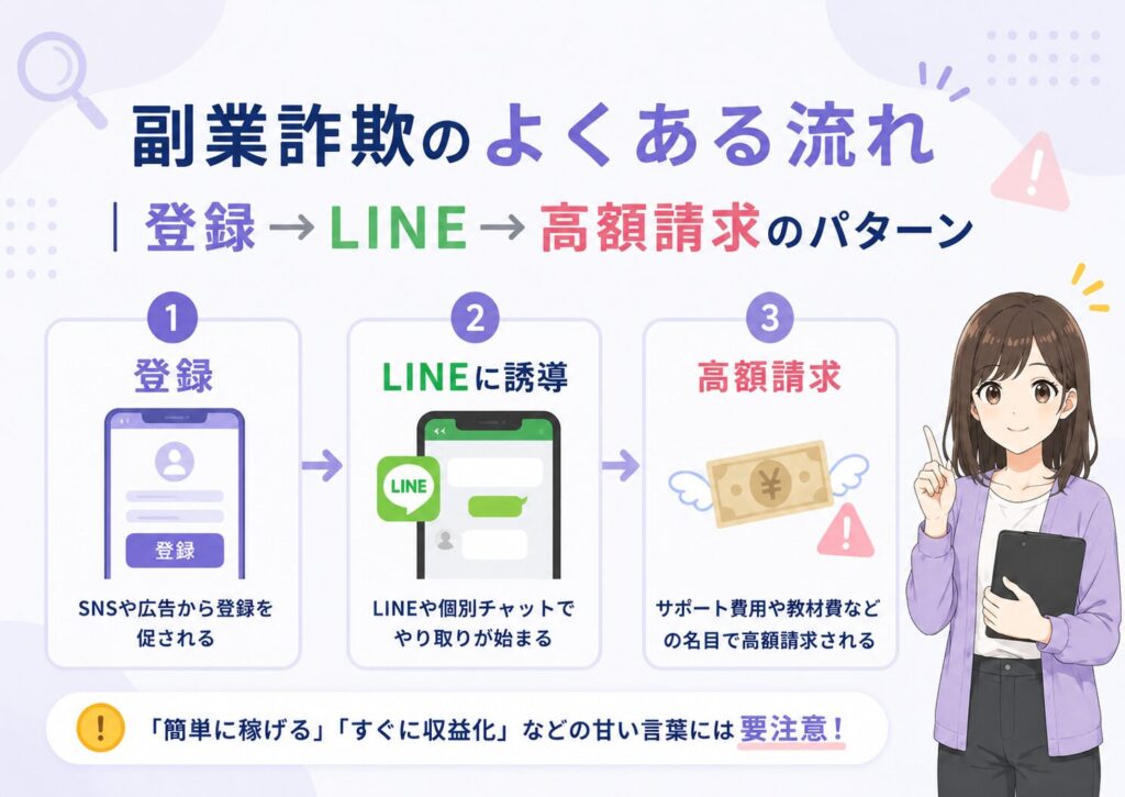副業詐欺で登録からLINE誘導、高額請求までの流れを示す図解