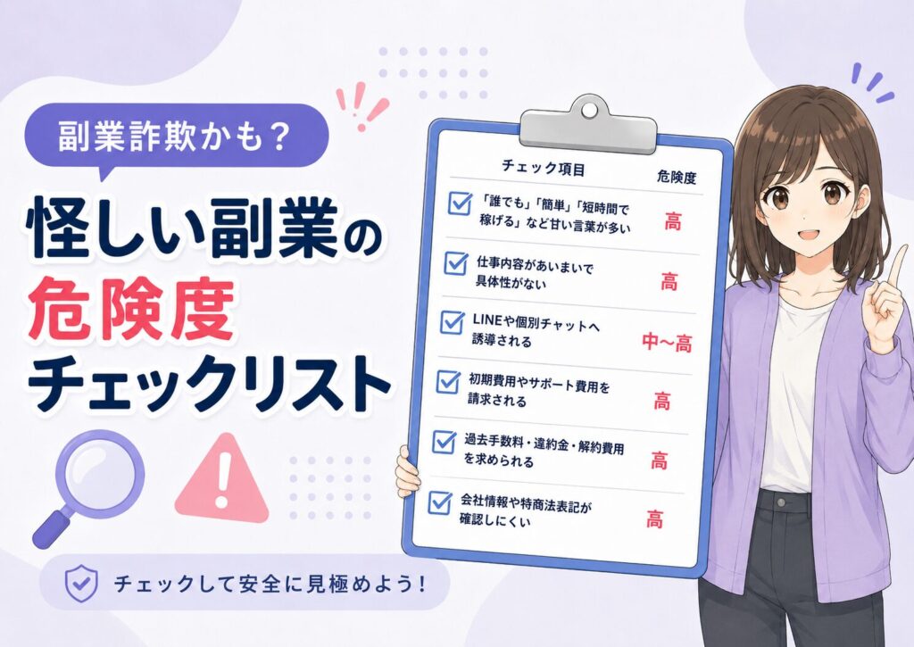 怪しい副業の危険度チェックリストを持って注意を促すみお
