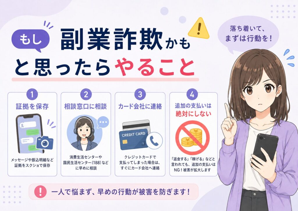 副業詐欺かもと思った時に証拠保存や相談、カード会社への連絡を促す画像